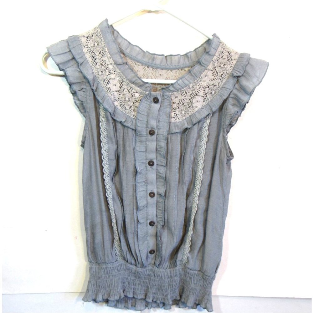 Cottagecre Ruffle Button Front Top Small Crochet & Smocking Detail Multi Fabric